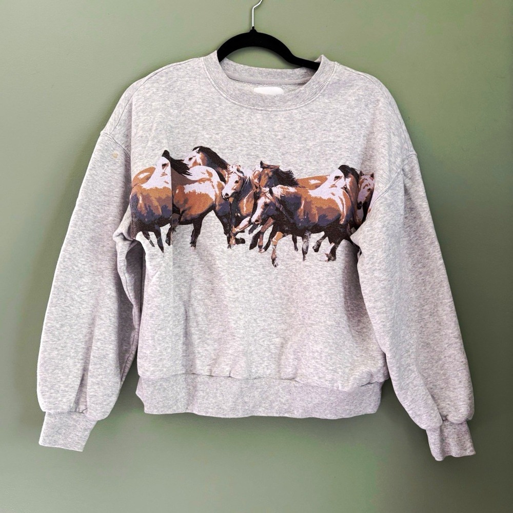 Lazy Sunday Horse Graphic Print Crewneck Fleece Sweatshirt Gray Women's S